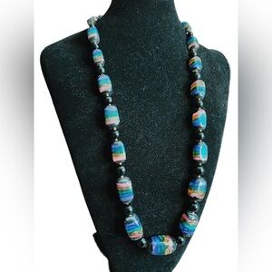 Vintage Lucite Beaded Necklace Multicolor Striped Candy Statement Long Strand